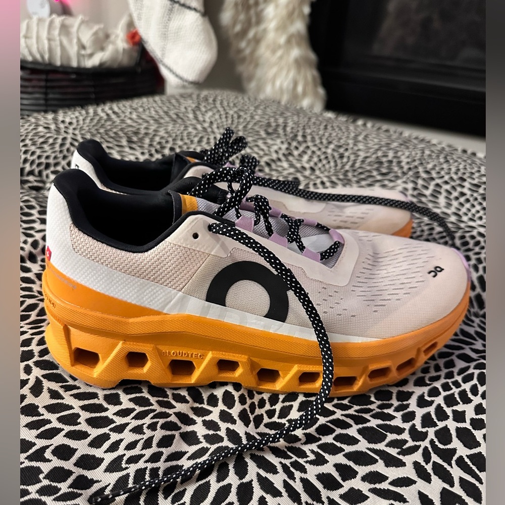 On Cloudmonster Orange and Tan Sneakers